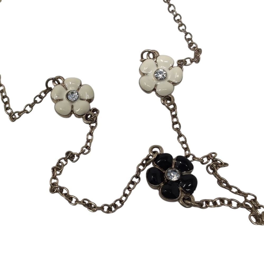 Double Strand Long Necklace Gold Tone Black White Enamel Crystal Flower Stations